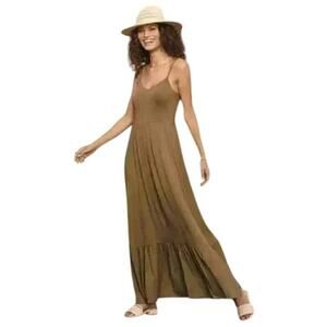 Evereve Brown Midi Dress – Size M – Smocked Back, Spaghetti Straps, Pockets